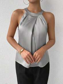Blusa de crepé champán con cuello fruncido, sin mangas, elegante y sencilla para la oficina, para uso diario y de oficina - Gris - Ver 3