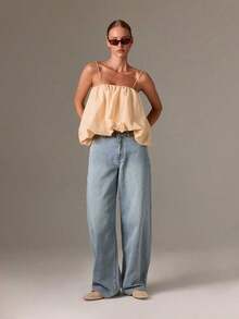 Top de camisola fruncido estilo bohemio con bajo abombado y tirantes ajustables para un estilo casual de verano - Albaricoque - Ver 4
