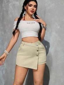 PETITE Short vaquero sexy con bolsillo frontal, cruce de cintura y abotonado para mujer - Amarillo claro - Ver 6