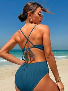 Traje de baño de una pieza con diseño de espalda descubierta, de unicolor, fashionable, para playa de verano, color blanco - Azul - Ver 2