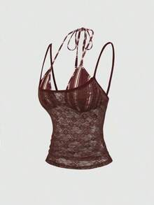 Nuevo diseño de camiseta sin mangas ajustada con rayas vintage y asimétrica 2 en 1 sexy para mujer, primavera/verano - Marrón - Ver 1