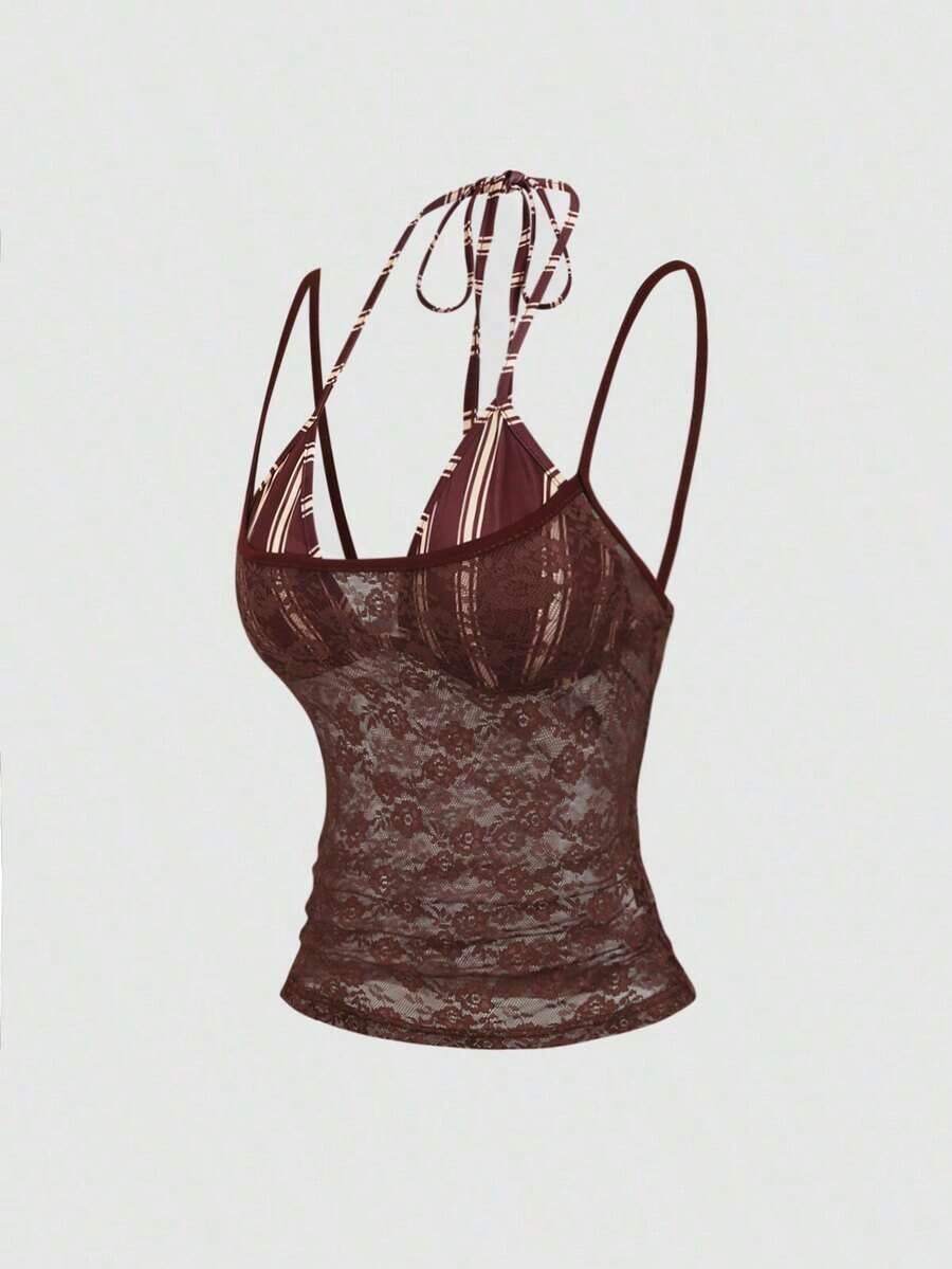 Nuevo diseño de camiseta sin mangas ajustada con rayas vintage y asimétrica 2 en 1 sexy para mujer, primavera/verano - Marrón - Ver 1