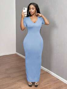 Vestido ajustado corto de manga corta con cuello en V liso para baile de graduación - Celeste - Ver 4