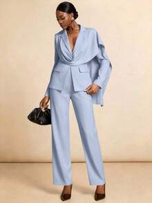 Conjunto casual de blazer y pantalones de unicolor con cuello entallado para ir al trabajo - Azul - Ver 7