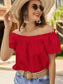 Blusa de hombros descubiertos ribete fruncido - Rojo - Ver 7