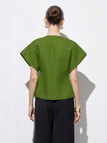 Chaqueta de mujer con cuello en V elegante, hombros anchos, bajo asimétrico, botones decorativos y mangas cortas, diseño minimalista y versátil para el uso diario - Verde - Ver 2