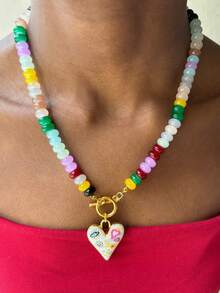 Handmade Colorful Beaded Necklace With OT Clasp And Heart Pendant, Vintage Fashion Choker For Women - Colorful Beads - View 2