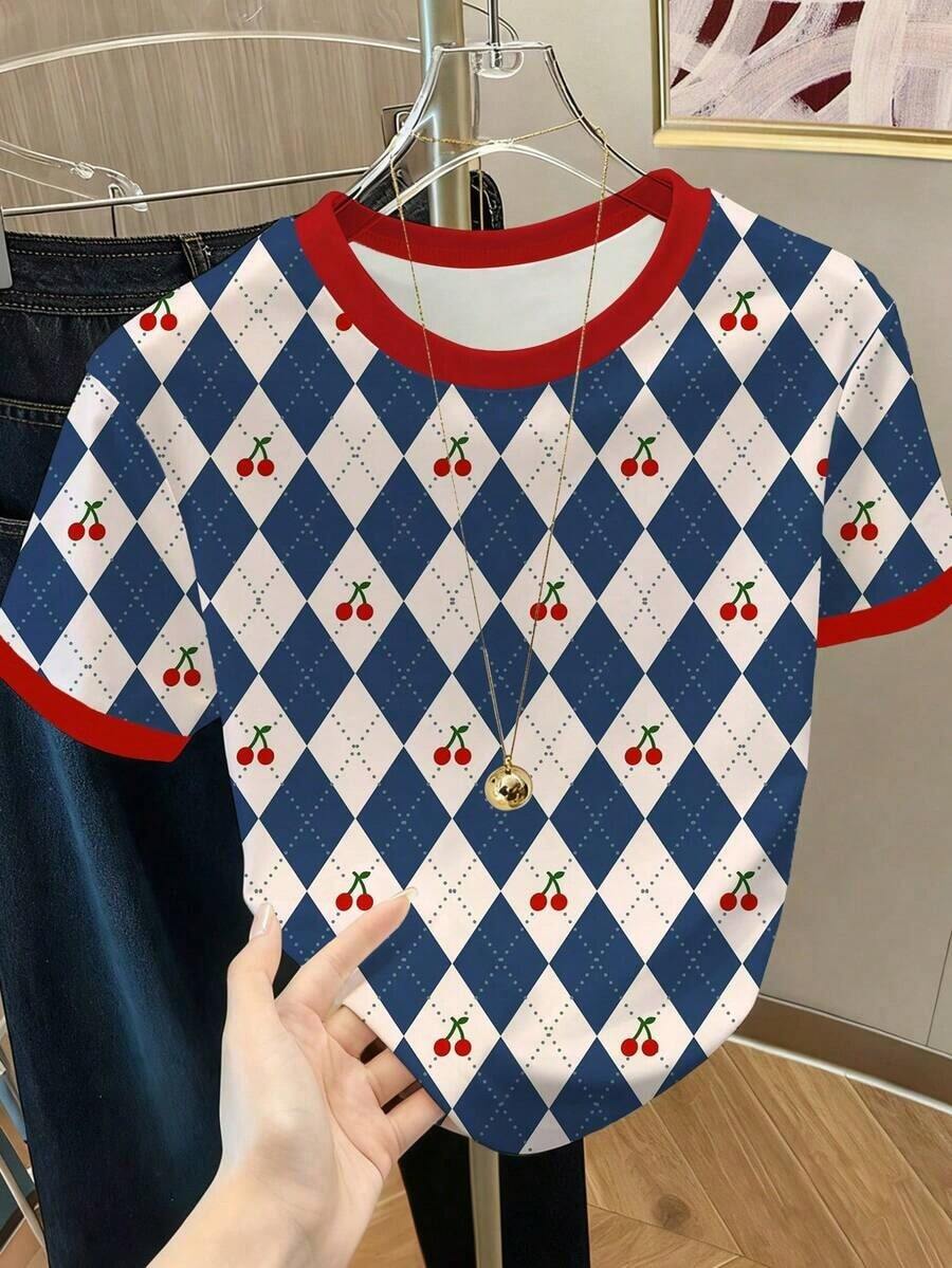 Camiseta casual de mujer de manga corta con estampado de corazón y cuello redondo de color contrastante - Multicolor - Ver 1