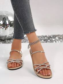 Summer New Round Toe Criss-Cross Glass Rhinestone Slip-On Sandals, Casual Fashion Two-Way Wear Flat Beach Vacation Slippers For Women - Apricot - View 4