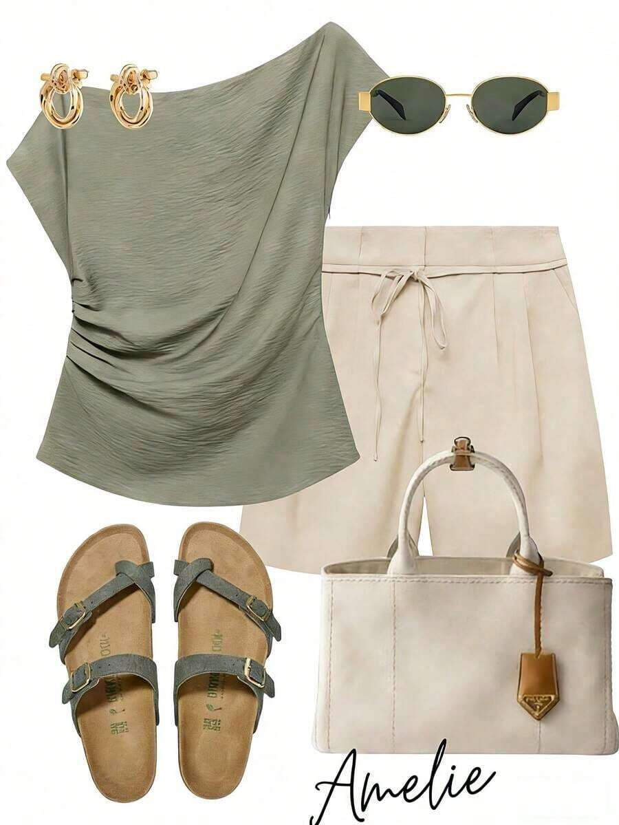 Blusa casual de mujer de unicolor con cuello asimétrico, para verano - Verde militar - Ver 1