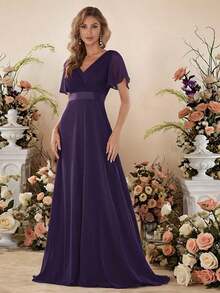 Vestido de dama de honor con cuello en V elegante, mangas con volantes y mariposa, color verde salvia, vestido de invitada de boda, vestido de primavera semi-formal para boda, fiesta de cumpleaños, graduación, Día de San Valentín - Morado - Ver 6
