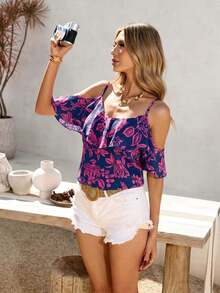 Blusa de mujer de gasa con hombros descubiertos, bajo con volantes y estampado, para primavera/verano y vacaciones - Morado - Ver 3