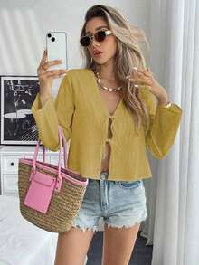 Blusa suelta de hombros caídos con nudo delantero, unicolor, de estilo informal, con mangas acampanadas para mujer - Mostaza Amarilla - Ver 6