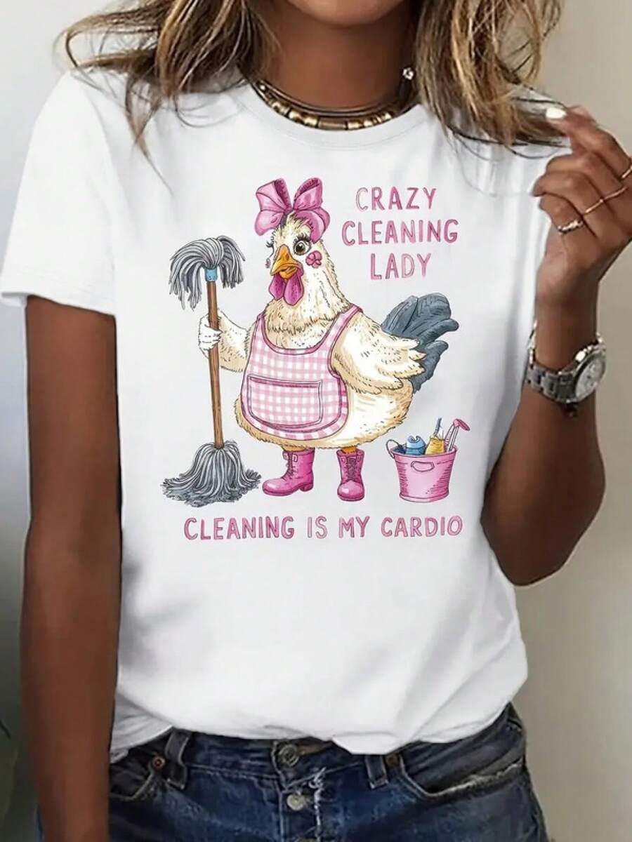 Women's Funny Cleaning Theme T-Shirt - "Crazy Clean Girl" Print - Soft And Stretchy Crew Neck T-Shirt - Everyday Casual Wear - Sizes S-XXL - Machine Washable Fabric, Suitable For All Seasons, Fun Design - 白色 - 查看 1