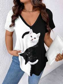 Camiseta de mujer de talla grande con cuello en V y estampado - Multicolor 2 - Ver 6