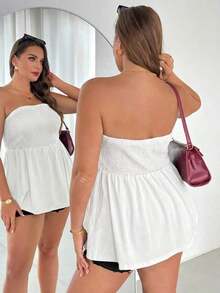 Blusa sin tirantes de rayas negras y blancas, versátil, cómoda y estilizadora, para mujer talla grande, ideal para primavera/verano, vacaciones y salidas, estilo europeo de verano - Blanco - Ver 5