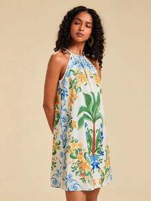 Vestido corto holgado con hombros al descubierto y estampado tejido para mujeres para vacaciones - Azul - Ver 4