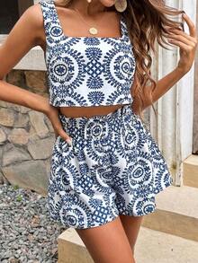 Frenchy Conjunto de dos piezas con top de tirantes y shorts con estampado todo sobre todo, textura cómoda, elegante para vacaciones de verano - Azul - Ver 7