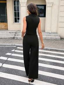 Conjunto de 2 piezas de top sin mangas y pantalones de unicolor casual y de oficina para mujer, para verano - Negro - Ver 2