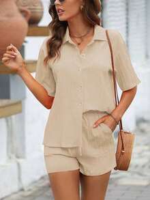 Conjunto De 2 Piezas Suelto Casual De Color Sólido Para Mujeres - Albaricoque - Ver 7