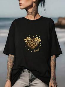 Camiseta de San Valentín con Estampado de Leopardo y Lazo en Forma de Corazón Under The Radar180G para Mujer, Regalo Perfecto para Familiares y Amigos, Camiseta de Verano Suave y Cómoda, Estilo Urbano Vintage, Unisex, de Algodón, Manga Corta, Cuello Redondo - Negro - Ver 1