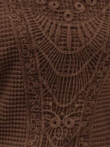 Camiseta de manga corta con hombros caídos de tela de gofre con textura de encaje para mujeres con mangas de murciélago - Café integral - Ver 7