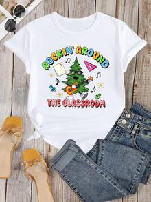 Camiseta de Navidad con Estampado de Maestro, Camiseta para Profesores, Rock in The, Camiseta Retro de Maestro - [Blanco] - Ver 2
