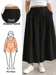 Pantalones/faldas cortas plisadas de cintura elástica, cómodos y sueltos, de estilo básico y versátil, para uso diario, que estilizan la figura, en color albaricoque, para mujeres de talla grande, para primavera/verano - Negro - Ver 12