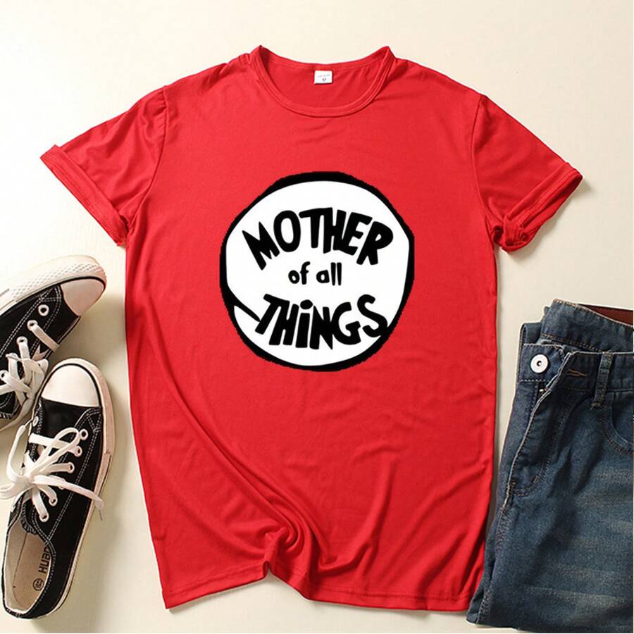 Nueva Camiseta de Comercio Exterior 2024 con Estampado de Letras THING, Top de Manga Corta para WISH - Rojo - madre - Ver 1