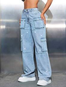 ALO FASHION Pantalones vaqueros de mujer de mezclilla lavada de pierna ancha con detalles de pedrería brillante, estilo casual y elástico. - azul real - Ver 2