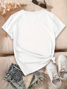 Camiseta de mujer de manga corta y cuello redondo, casual y de moda, esencial de verano, de alta calidad, con estampado gráfico - Blanco - Ver 2