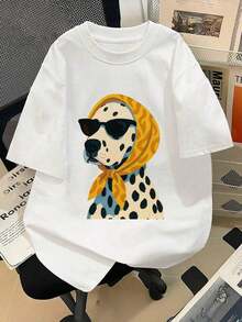 1 Piece Casual Fashion Outfit For Men And Women, New Short Sleeve T-Shirt With Round Neck And Dalmatian Dog Print, Plus Size 2026, Fashion Sunglasses, Suitable For Everyday Wear - 白色的 - 查看 1