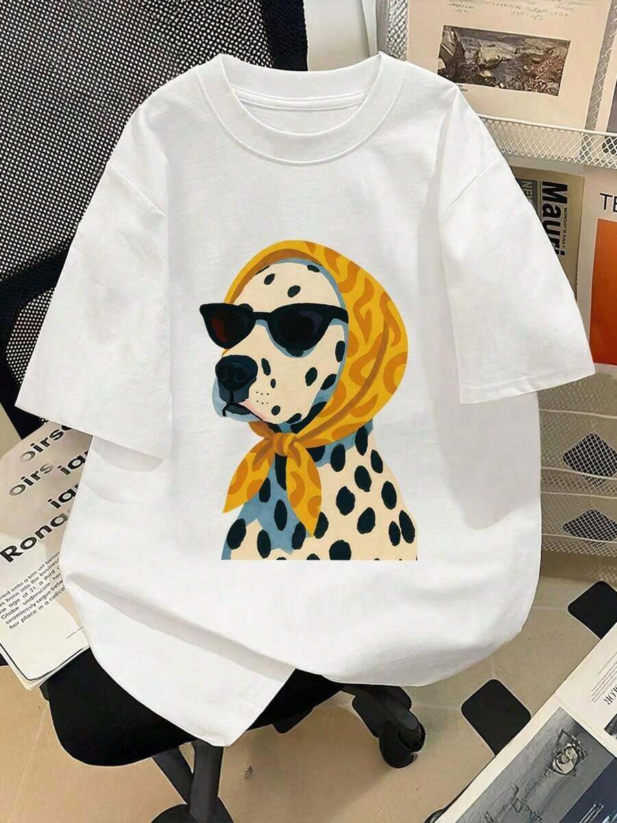 1 Piece Casual Fashion Outfit For Men And Women, New Short Sleeve T-Shirt With Round Neck And Dalmatian Dog Print, Plus Size 2026, Fashion Sunglasses, Suitable For Everyday Wear - 白色的 - 查看 1