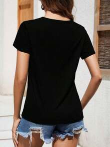Selamara Camiseta de manga corta con cuello en V y estampado de leopardo con corazón, de estilo casual para el veranoPure-Cotton - Negro - Ver 3