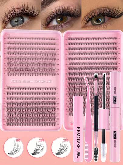 MEM 608pcs D-Curl Eyelash Extension Set, 30D+40D/60D+80D, Various Combinations, 10-16mm Soft & Natural Lashes, Includes Eyeshadow, Glue, Sealer, Tweezers & Brush, Suitable For Beginners, Large Capacity