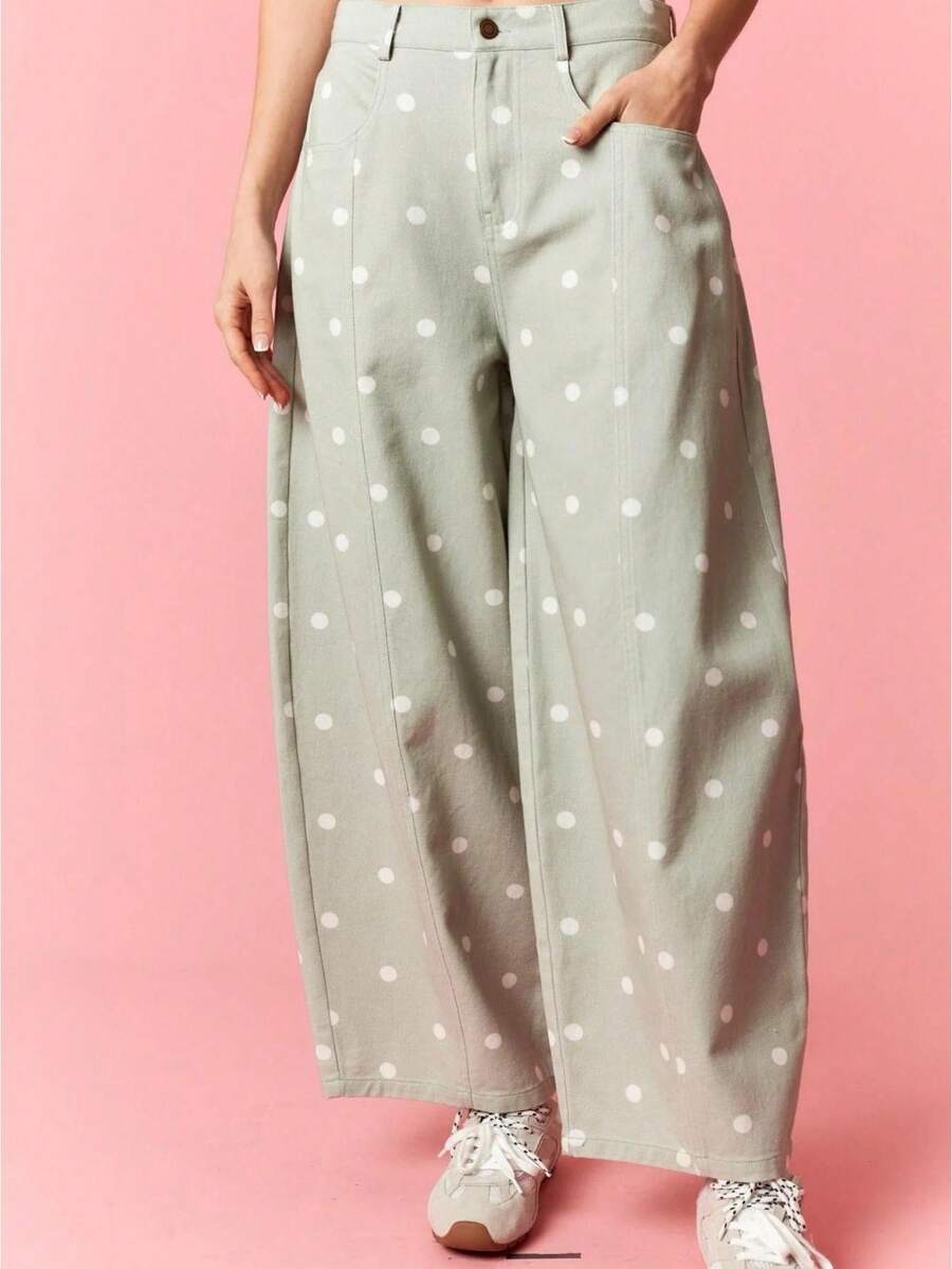 Women Barrel Jeans Dot Print Loose Denim Pants Spring Casual Baggy Trousers Fashion Wide-Leg Pants - Verde - Ver 1