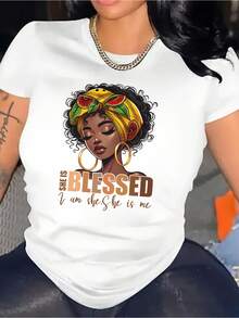 1 Piece Of Women's T-Shirt With African Headscarf Print "She Is A Blessing" - Lightweight And Breathable, Suitable For Various Skin Tones, Cultural Print Top, Round Neck, Short Sleeves, Casual Wear For Spring And Summer, Comfortable T-Shirt, Suitable For Black History Month Celebrations, 180g 100% Cotton. - 白色 - 查看 1