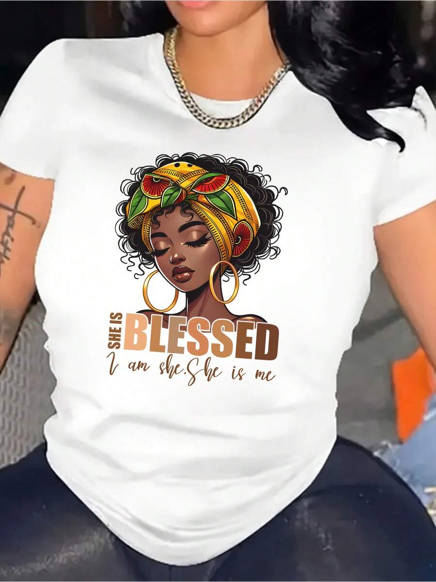 1 Piece Of Women's T-Shirt With African Headscarf Print "She Is A Blessing" - Lightweight And Breathable, Suitable For Various Skin Tones, Cultural Print Top, Round Neck, Short Sleeves, Casual Wear For Spring And Summer, Comfortable T-Shirt, Suitable For Black History Month Celebrations, 180g 100% Cotton. - 白色 - 查看 1