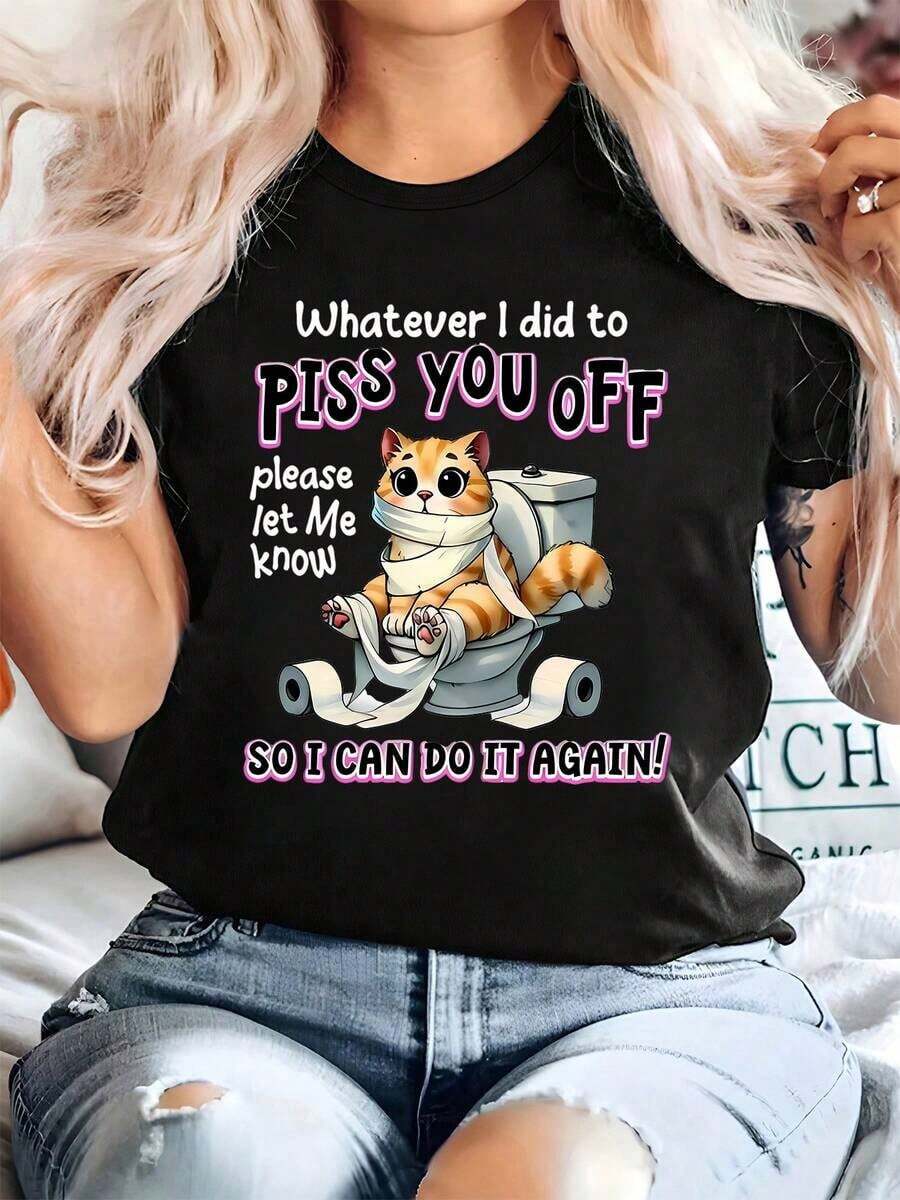 Talla Grande Suave, Hacía lo que te hice, por favor, dímelo para que pueda hacerlo de nuevo, Camiseta con estampado de gato divertido, Estampado de moda para mujer, Manga corta casual talla grande, Tejido de poliéster, Cuello redondo, Jersey, Adecuado para todas las estaciones, Regalo perfecto, blusas elegantes dama - Negro - Ver 1