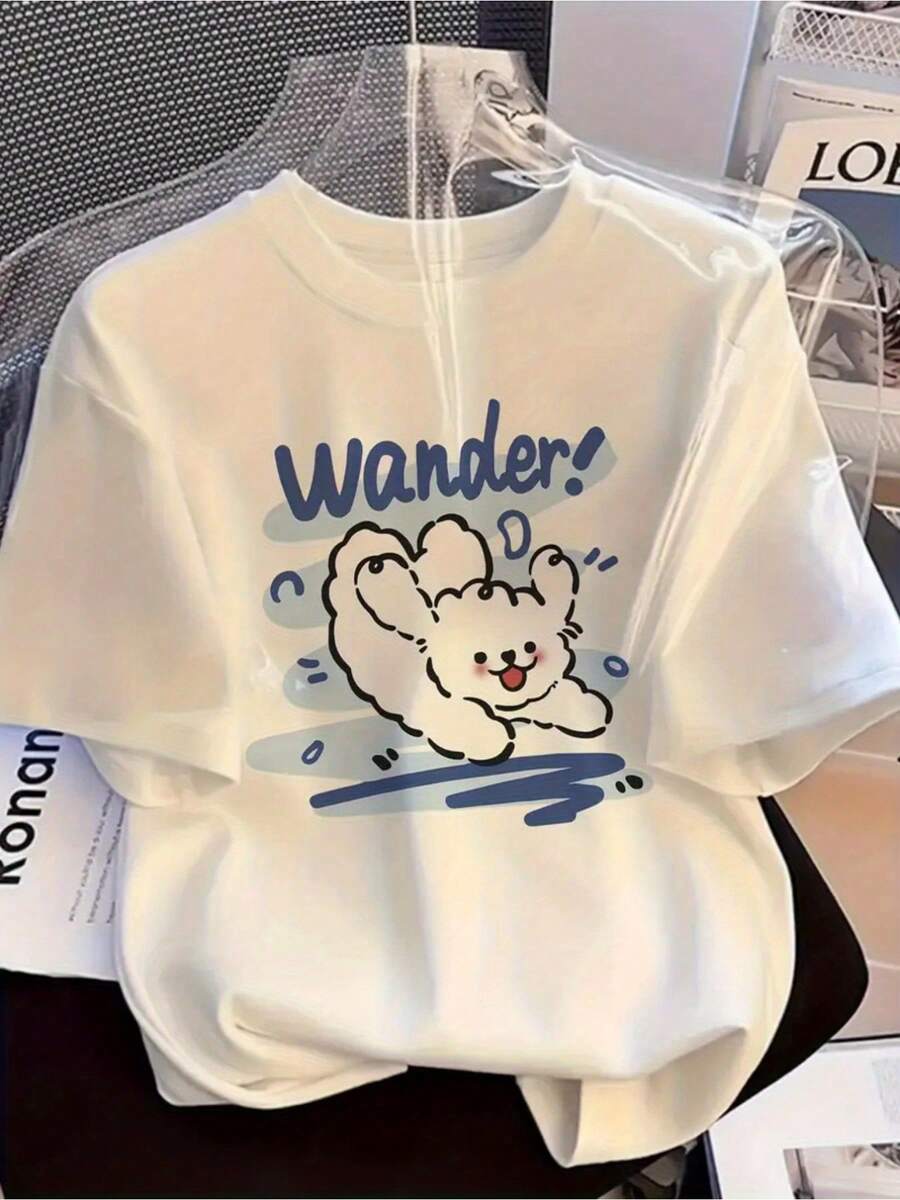 1 pieza de camiseta con diseño de perro Shiba Inu y fuente Wander, estilo Y2K. |   Camiseta blanca de manga corta y cuello redondo, corte en H, ajuste holgado informal, adecuada para uso diario, regalo de cumpleaños, para amantes de los cachorros (apta para todas las estaciones) 180g 100% Algodón - Blanco - Ver 1
