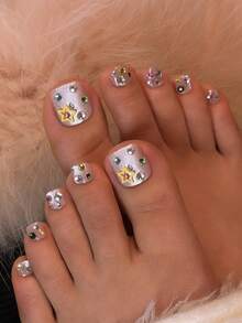24pcs Press-On Fake Nails For Toes, Cat's Eye Nails,Nude Toes Nails, Colorful Sparkling Diamond Decorative Nails,Three Dimensional Star Shaped Decorative Nails,Summer Nails,Wearable Nail Art Halffinished Board For Applying Nails, Full Coverage Glossy Daily Fake Nails, Ladies Reusable, Easy To Wear And Remove, Equipped With Tools, DIY Nail Supplies, Vacation ,Suitable For Party,Dance Party, Etc. - Pink - View 2
