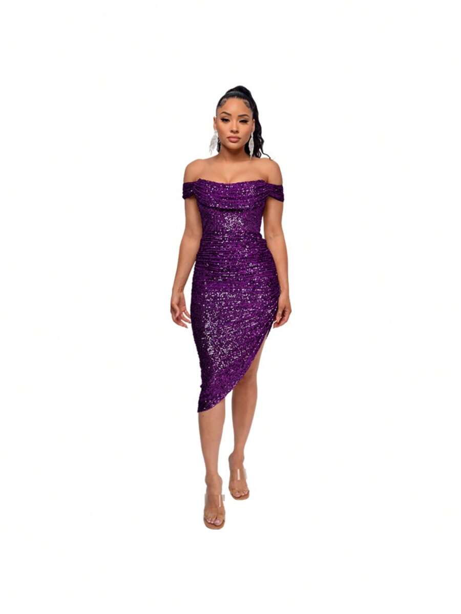 Women's Champagne-Colored Sequined Dress, Off-Shoulder Draped Design, Asymmetrical Side Slit, Stretchy Shiny Fabric Ideal For Summer Parties, Weddings As A Guest And Elegant Outdoor Dinners, Sexy Glamorous Style Perfect For Celebrations And Formal Events - 紫色 - 查看 1