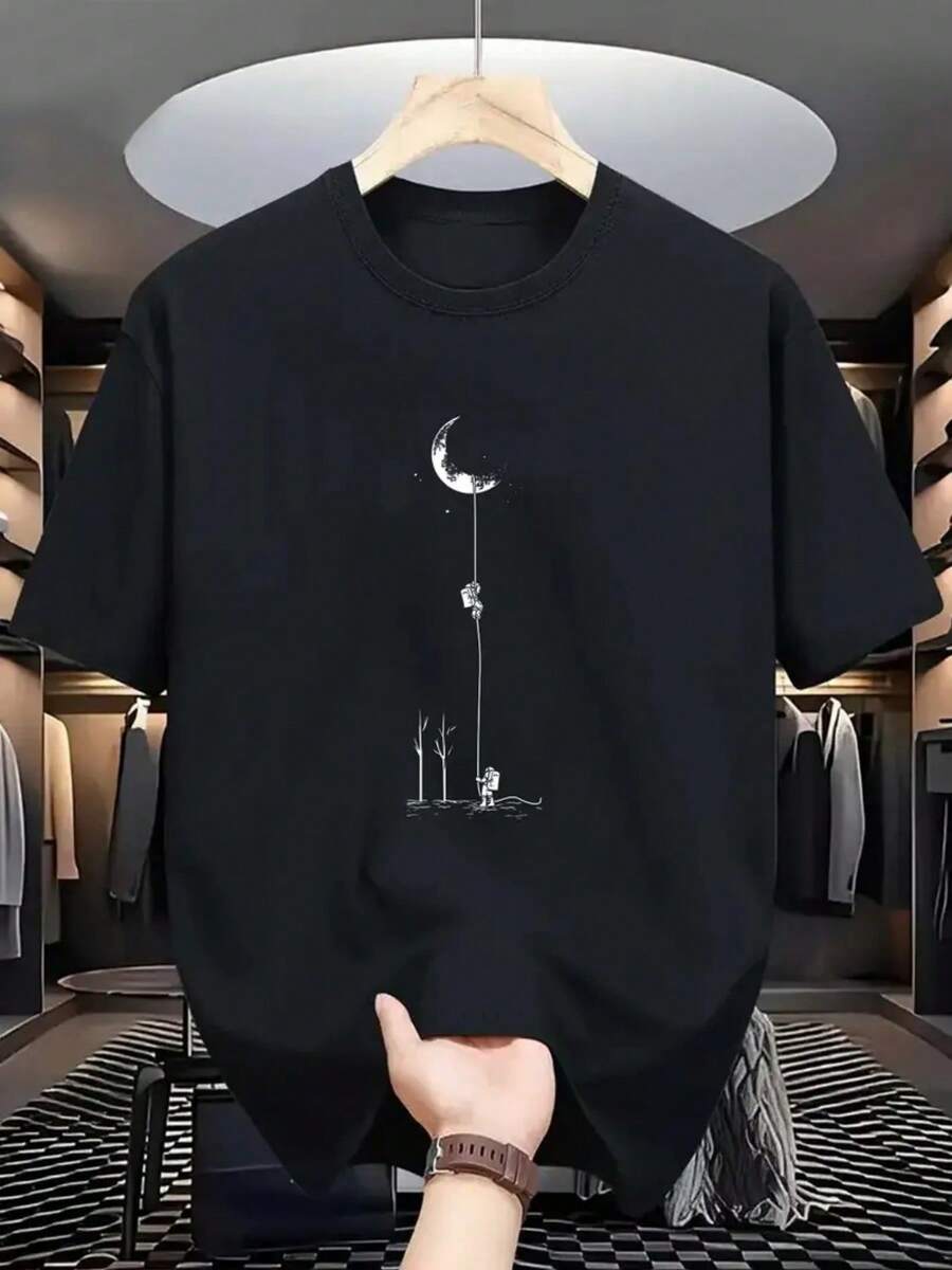 Women's Pure Cotton Casual T-Shirt With Round Neck And Moon And Figure Print - Loose Fit, Breathable Summer Top, Suitable For Casual Wear.|Moon Print T-Shirt|Opaque Fabric - 黑色 - 查看 1
