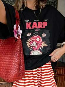 1PSC2026 Women's Vintage T-Shirt With Japanese Koi Fish Print "KARP", Comfortable Anime Style, Short Sleeve, Unique Round Neck, Casual Urban Style, Pinterest Fashion, Summer T-Shirts, Classic Cotton T-Shirt With Fashion Print, Lightweight And Breathable. - 黑色 - 查看 1