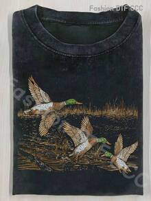 Camiseta de Algodón 100% Lavado de 230G, Estilo Vintage Urbano para Hombre y Mujer, Holgada, Suave, Transpirable, con un Diseño Único de Patos Salvajes Despegando del Agua, Moderna y a la Moda, Cuello Redondo Casual de Manga Corta, Ideal para Viajes y como Regalo. - Negro 1 - Ver 1