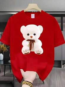 New Casual Summer T-Shirt With White Teddy Bear Print For Men And Women - Short Sleeve, Round Neck, Casual Summer Style, With Pink Bow And Brown Ears, Soft And Suitable Size S, Unisex Casual Set, 1 Piece - Unisex Urban Style Vintage T-Shirt, Cotton, Short Sleeve And Round Neck. - 紅色 - 查看 6