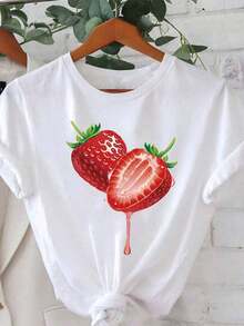 1 Piece Of Sweet Strawberry Graphic Print T-Shirt, Short Sleeve, Round Neck, Casual Top For Summer And Spring, Women's Clothing, 180g, 100% Cotton. - 白色 - 查看 6