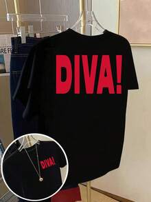 Short-Sleeved T-Shirt With Front And Back Print - DIVA, Queen's Fashion Print - Women's  Print T-Shirt For Spring/Summer, Fashionable Item, Elegant Party Outfit, T-Shirt For Elegant Ladies, Blouses Suitable For Curvy Women, Prom Skirts, Casual Wear - 黑色 - 查看 7