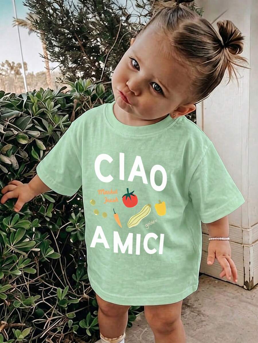 1 chiếc áo thun ngắn tay cổ tròn in hình rau củ dành cho bé trai "CIAO AMICI" - Màu xanh Bạc hà - Xem 1