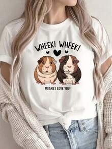 Women's White T-Shirt With A Cute Guinea Pig Print, Soft Round Neck Design, Casual Style, Printed With The Phrase 'Wheek Wheek Means I Love You' (Which Means 'goo-Goo-Goo' And Represents I Love You), Suitable For Home, Cafes Or Daily Wear, Lightweight And Comfortable. - 白色 - 查看 1